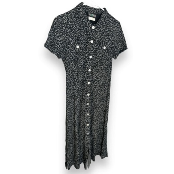 90s Vintage Byer California Womens sz 7 Black Floral Collared Button Midi Dress - Picture 4 of 6